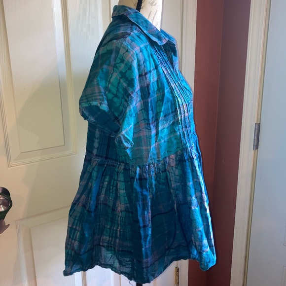 Lucky Brand Short Sleeve Babydoll Tunic Top Blue Tie Dye Lightweight sz Medium - Picture 3 of 10